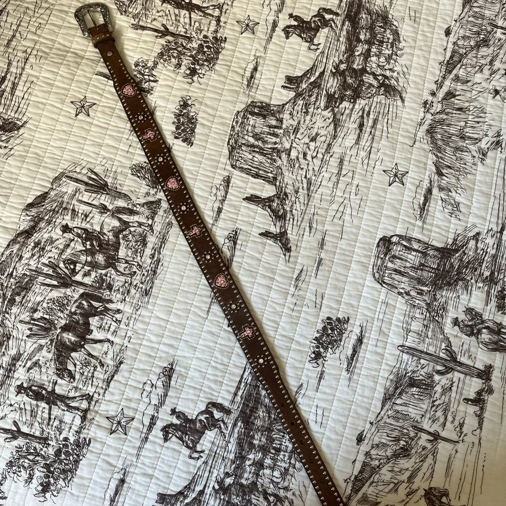Brown pink cross & heart  Belt with Silver Buckle